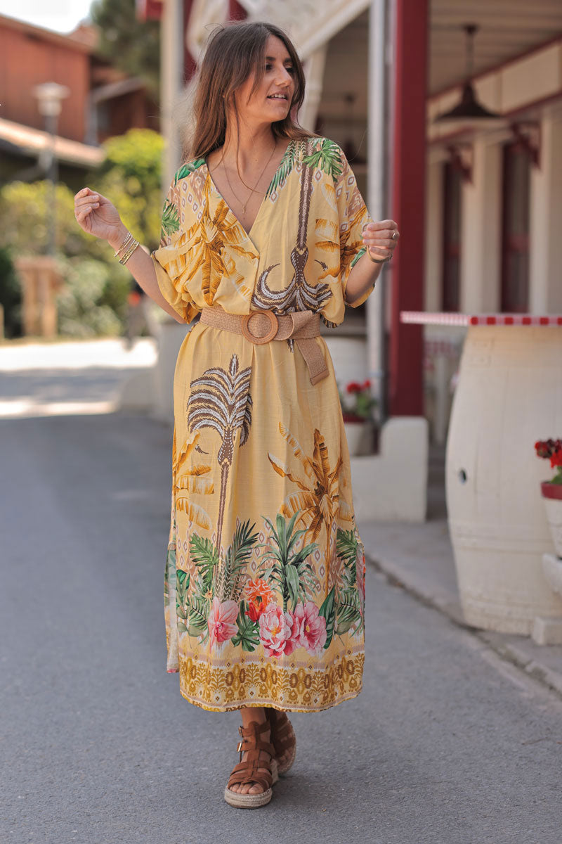 Yellow Polynesian Palms V-Neck Caftan