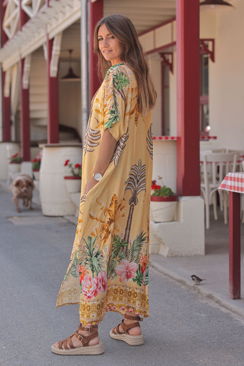 Yellow Polynesian Palms V-Neck Caftan