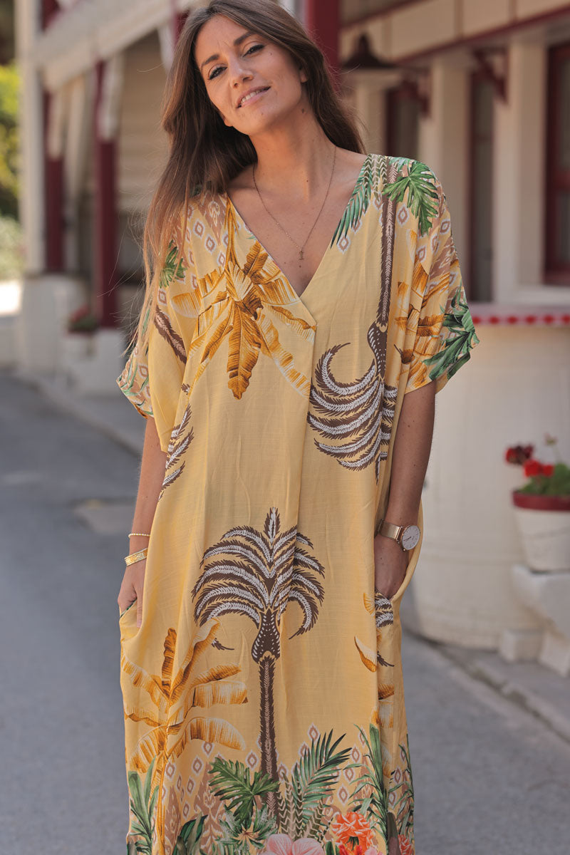 Yellow Polynesian Palms V-Neck Caftan