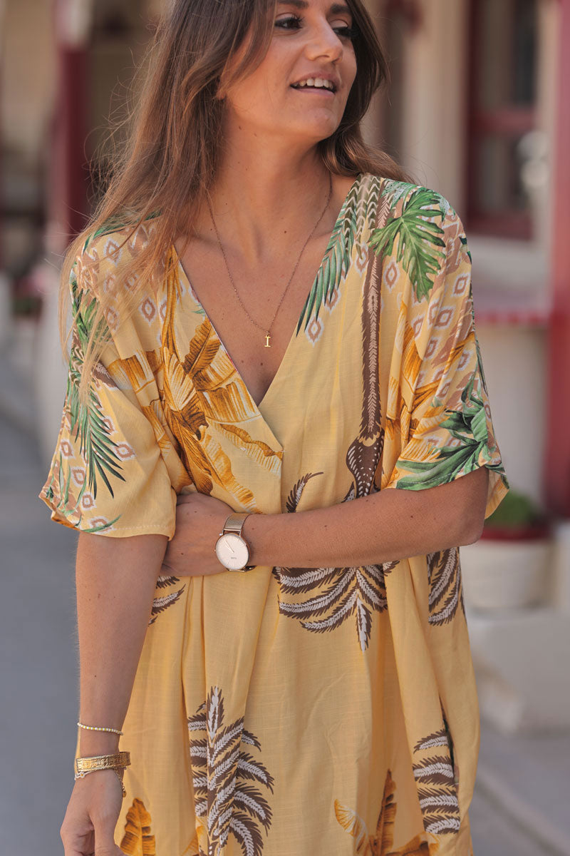 Yellow Polynesian Palms V-Neck Caftan