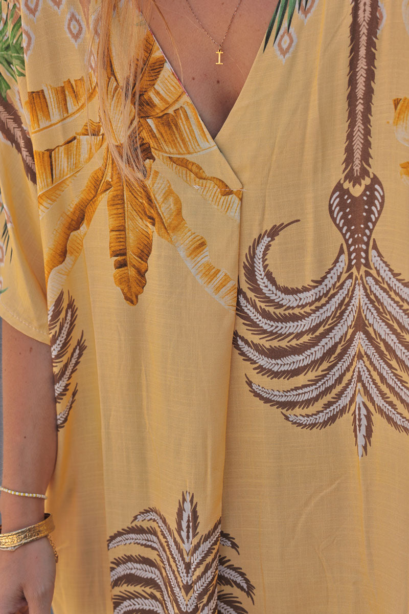 Yellow Polynesian Palms V-Neck Caftan