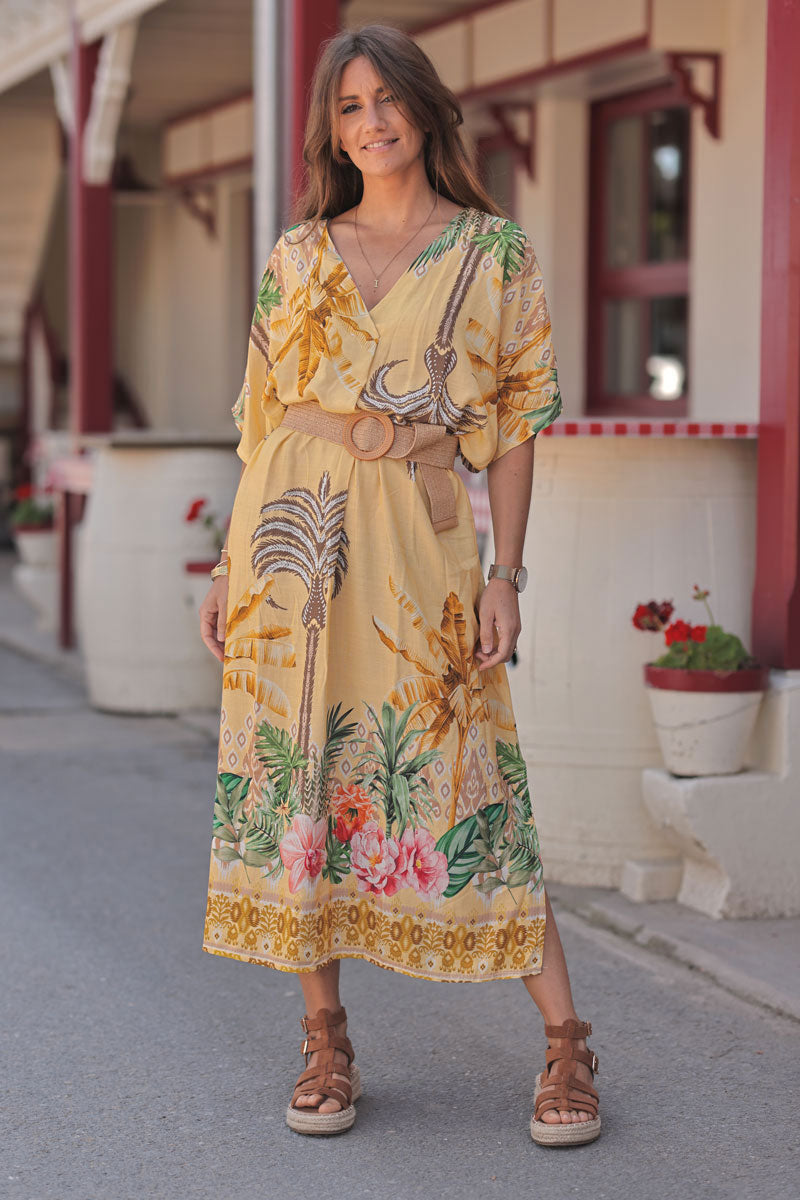 Yellow Polynesian Palms V-Neck Caftan