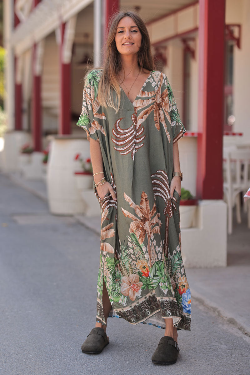 Olive Polynesian Palms V-Neck Caftan