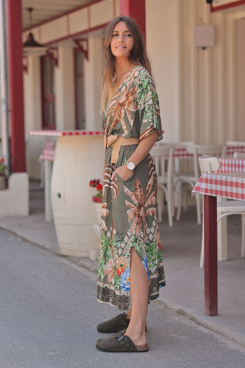 Olive Polynesian Palms V-Neck Caftan