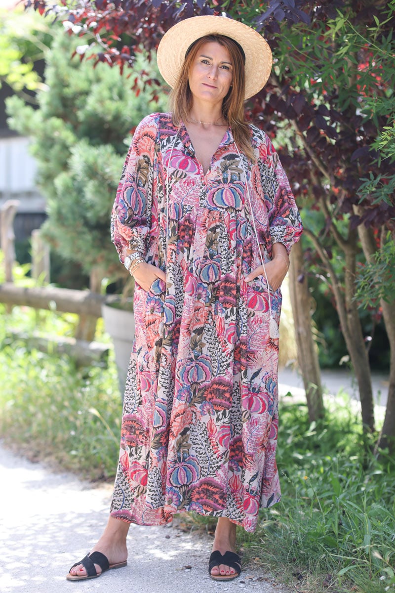 Robe longue et large en coton imprime floral col pompons h157 (1)