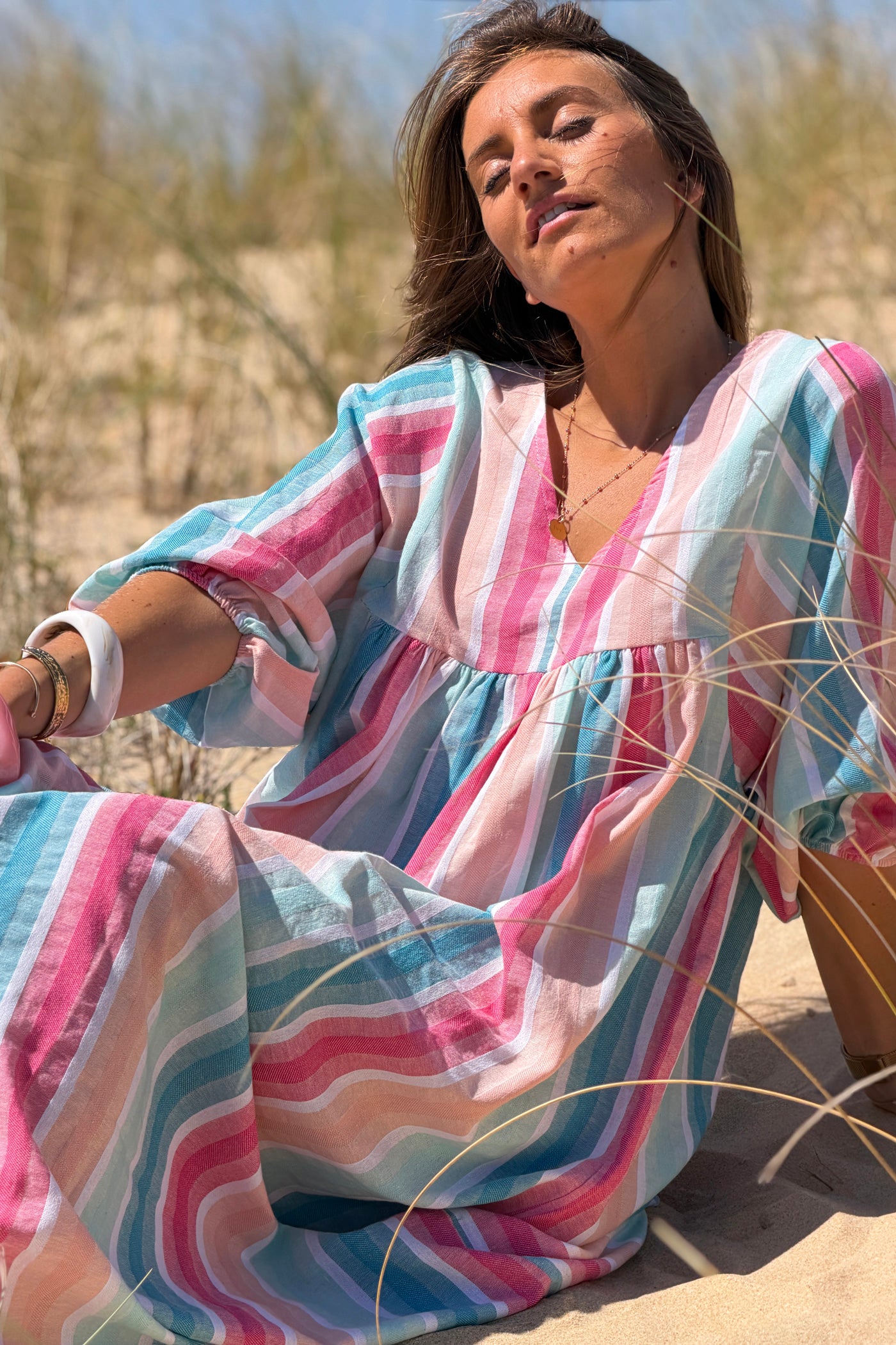 Robe longue et loose en coton rayures pastel bleu et rose