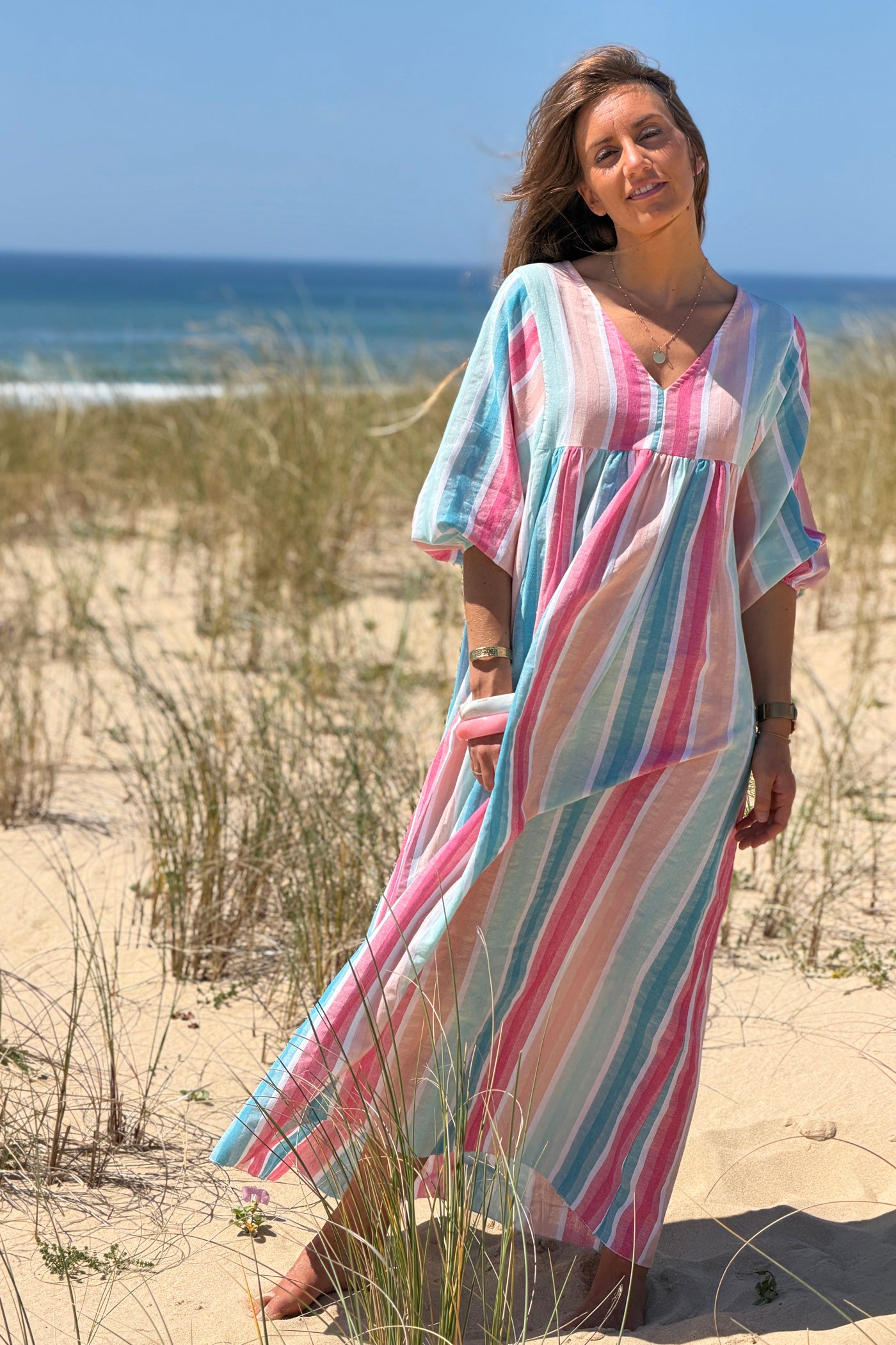 Robe longue et loose en coton rayures pastel bleu et rose