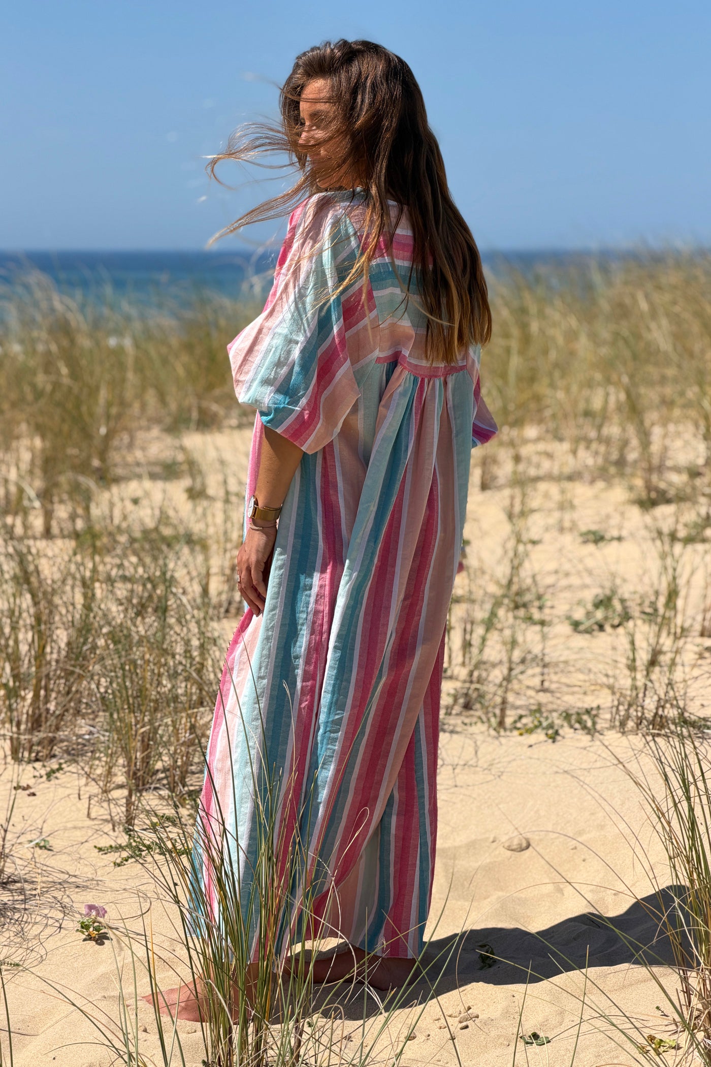 Robe longue et loose en coton rayures pastel bleu et rose