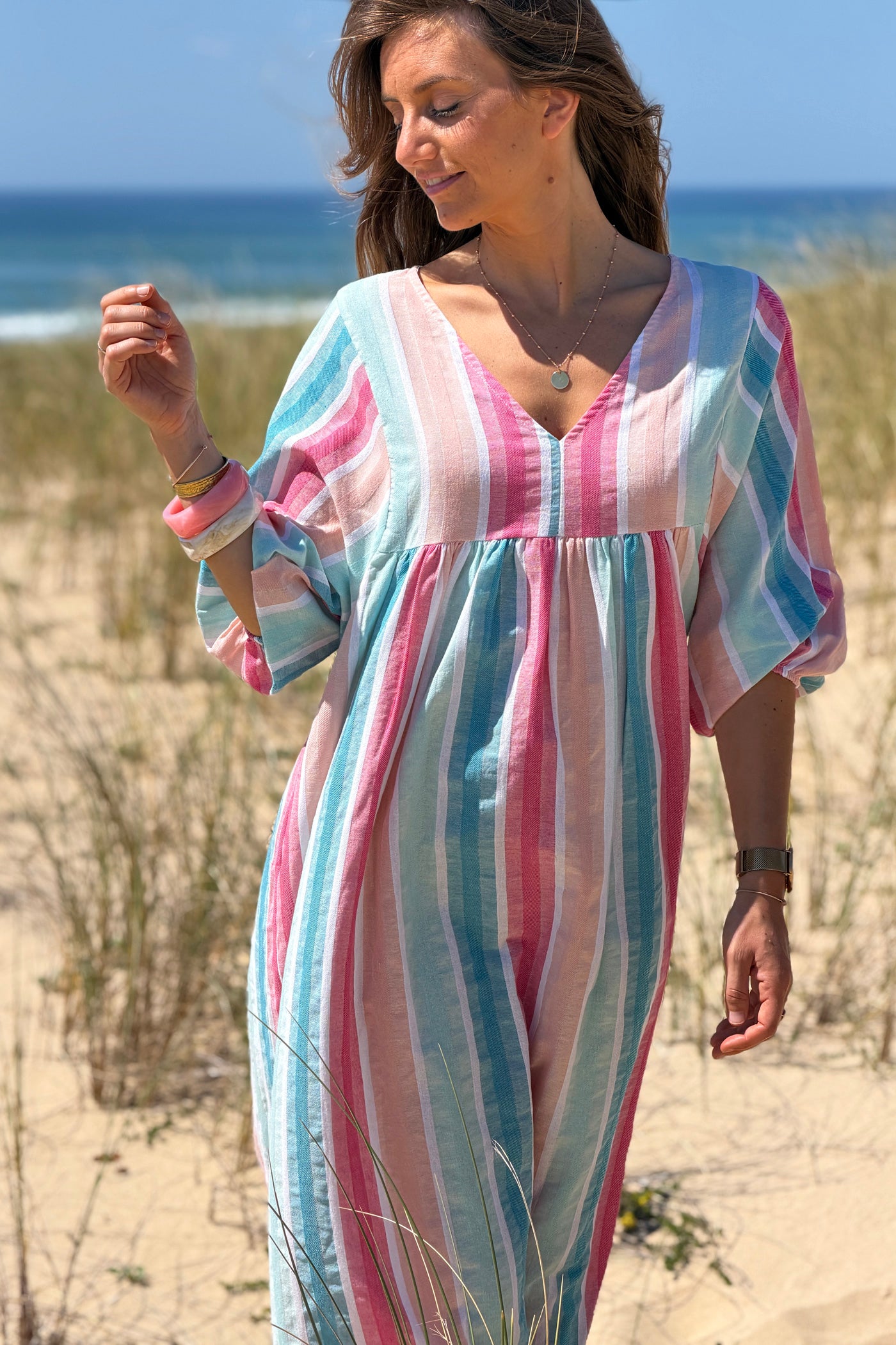 Robe longue et loose en coton rayures pastel bleu et rose