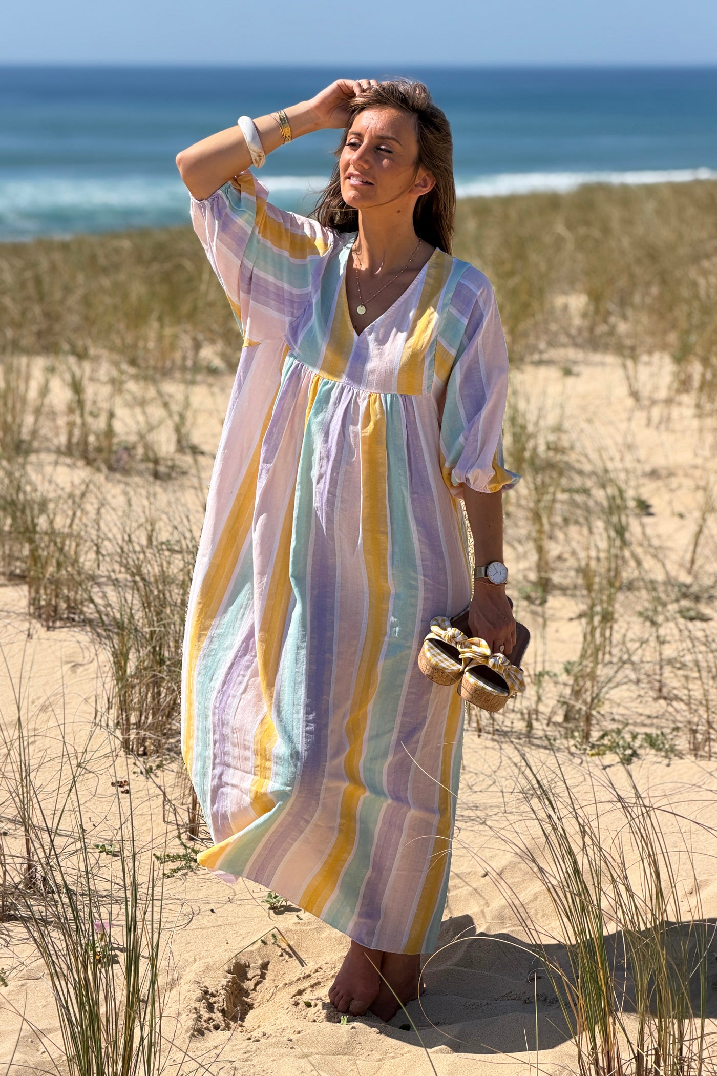 Robe longue et loose en coton rayures pastel jaune et violet