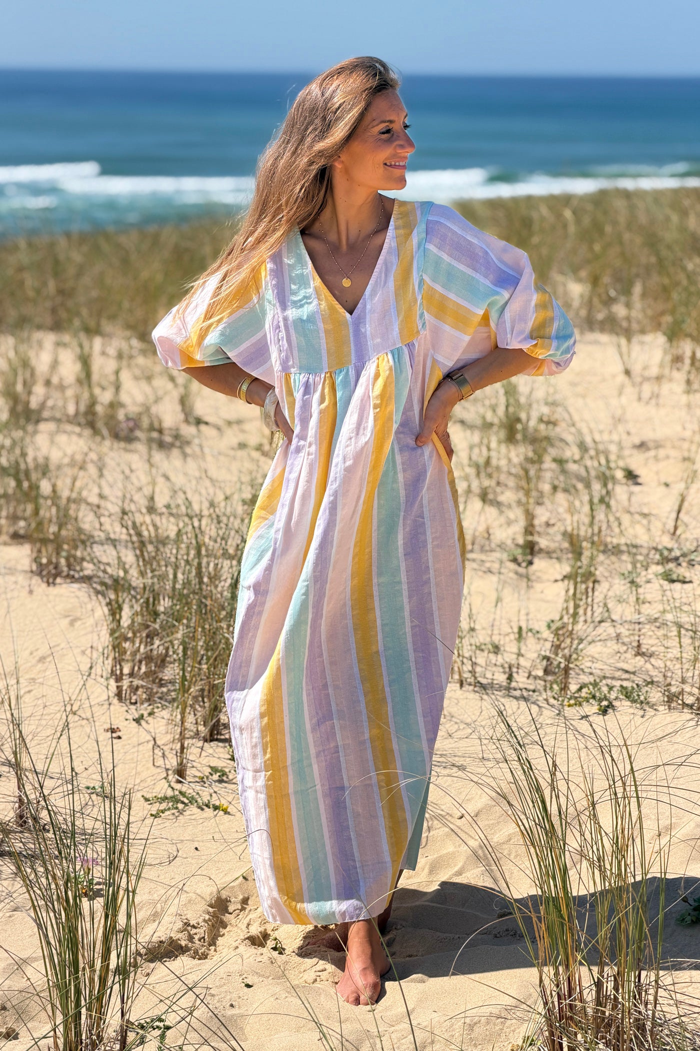 Robe longue et loose en coton rayures pastel jaune et violet