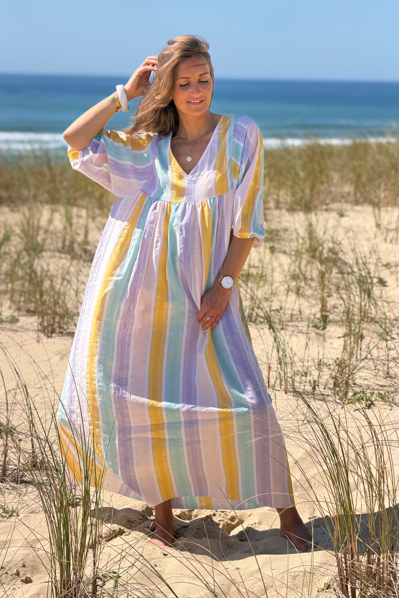 Robe longue et loose en coton rayures pastel jaune et violet