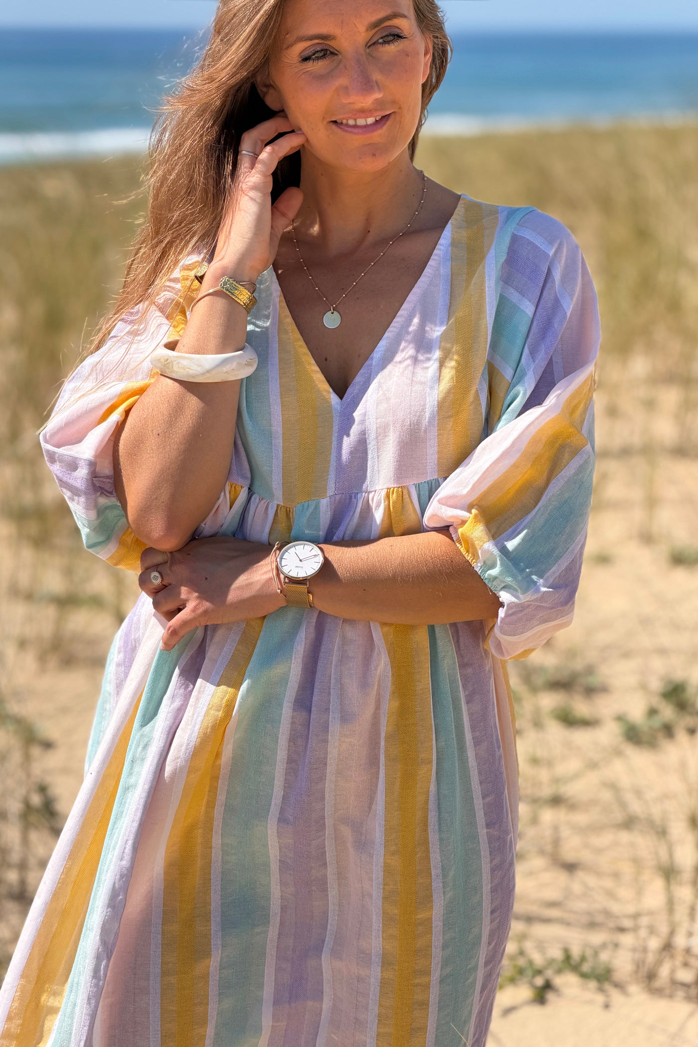Robe longue et loose en coton rayures pastel jaune et violet