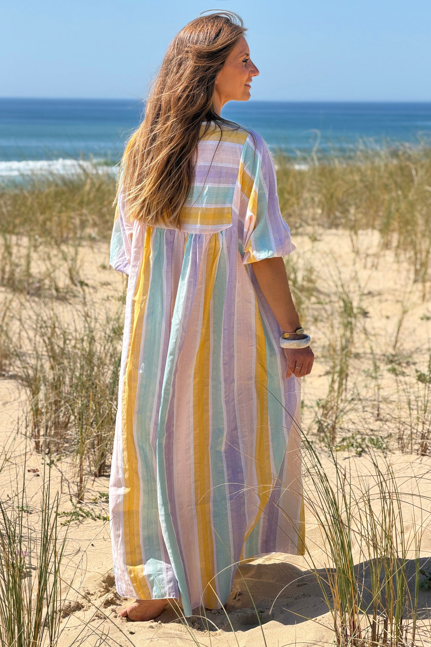 Robe longue et loose en coton rayures pastel jaune et violet