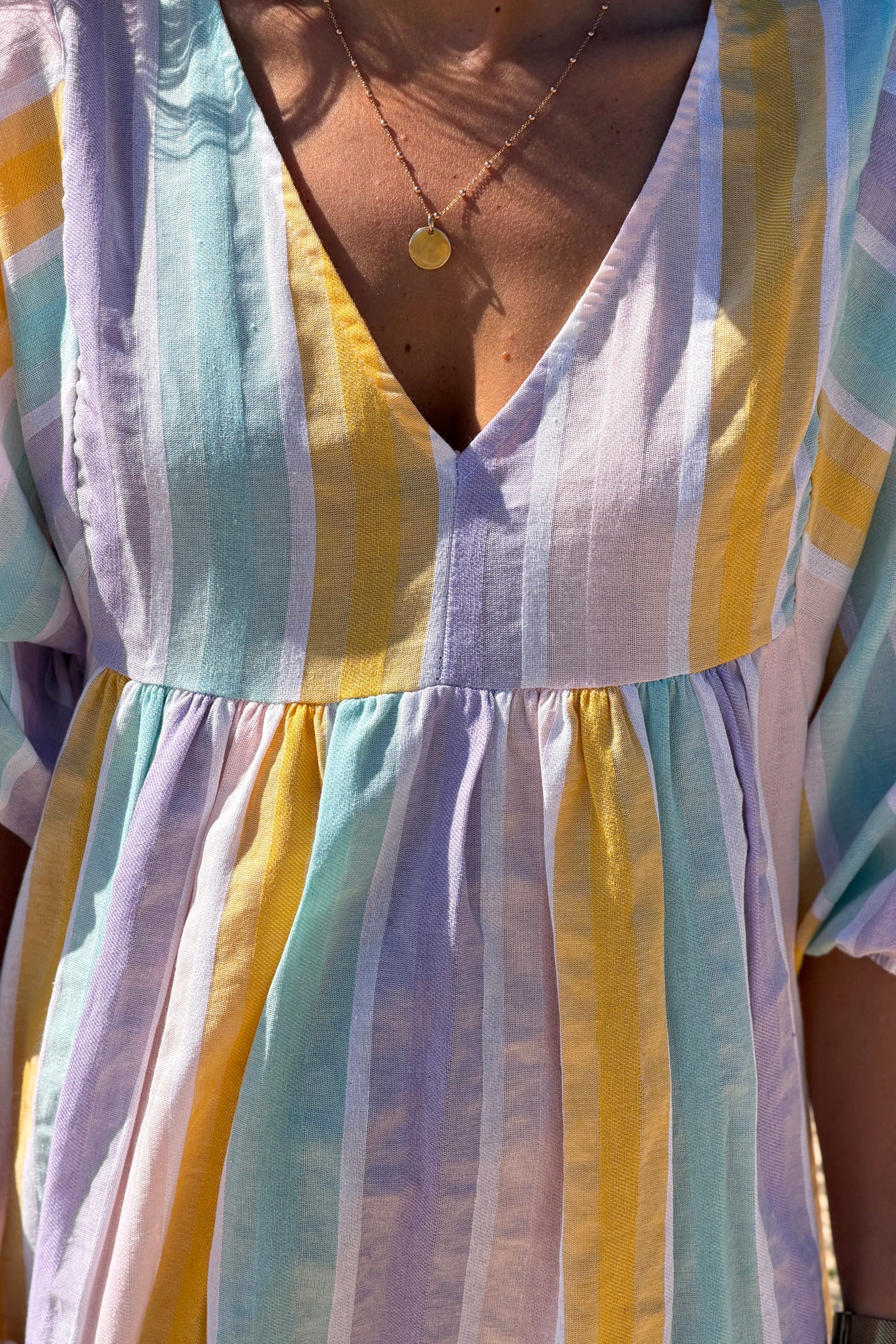 Robe longue et loose en coton rayures pastel jaune et violet