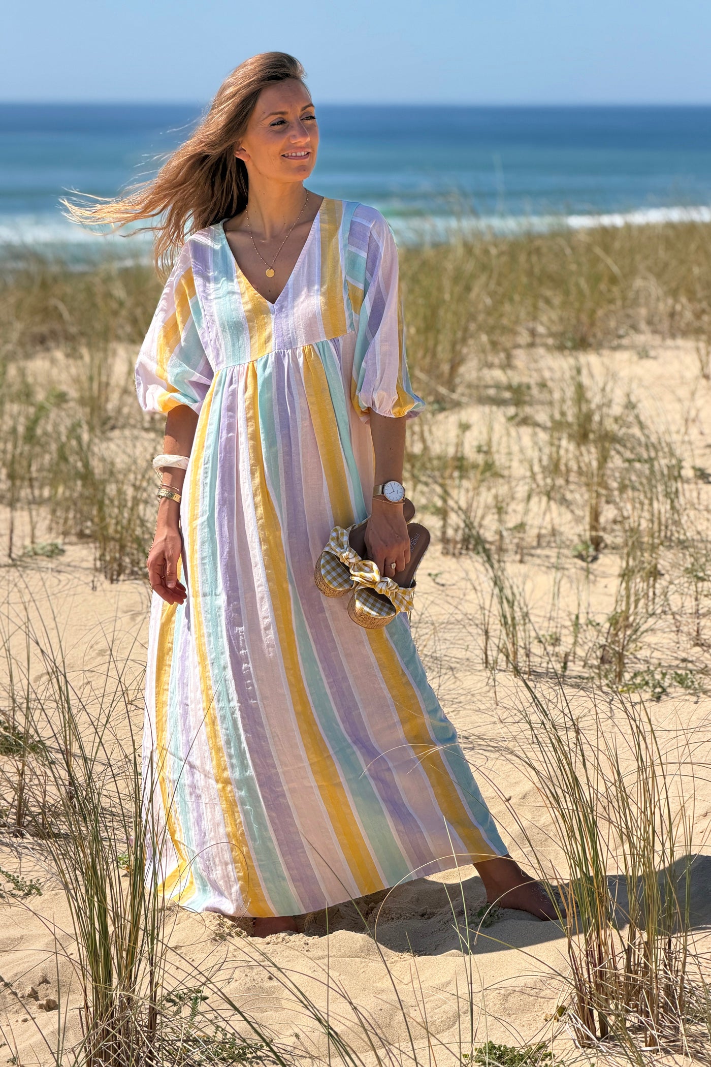 Robe longue et loose en coton rayures pastel jaune et violet