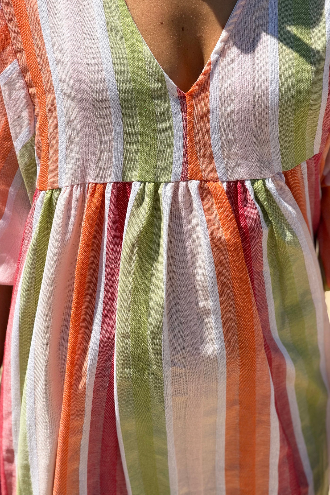 Robe longue et loose en coton rayures pastel orange vert et framboise