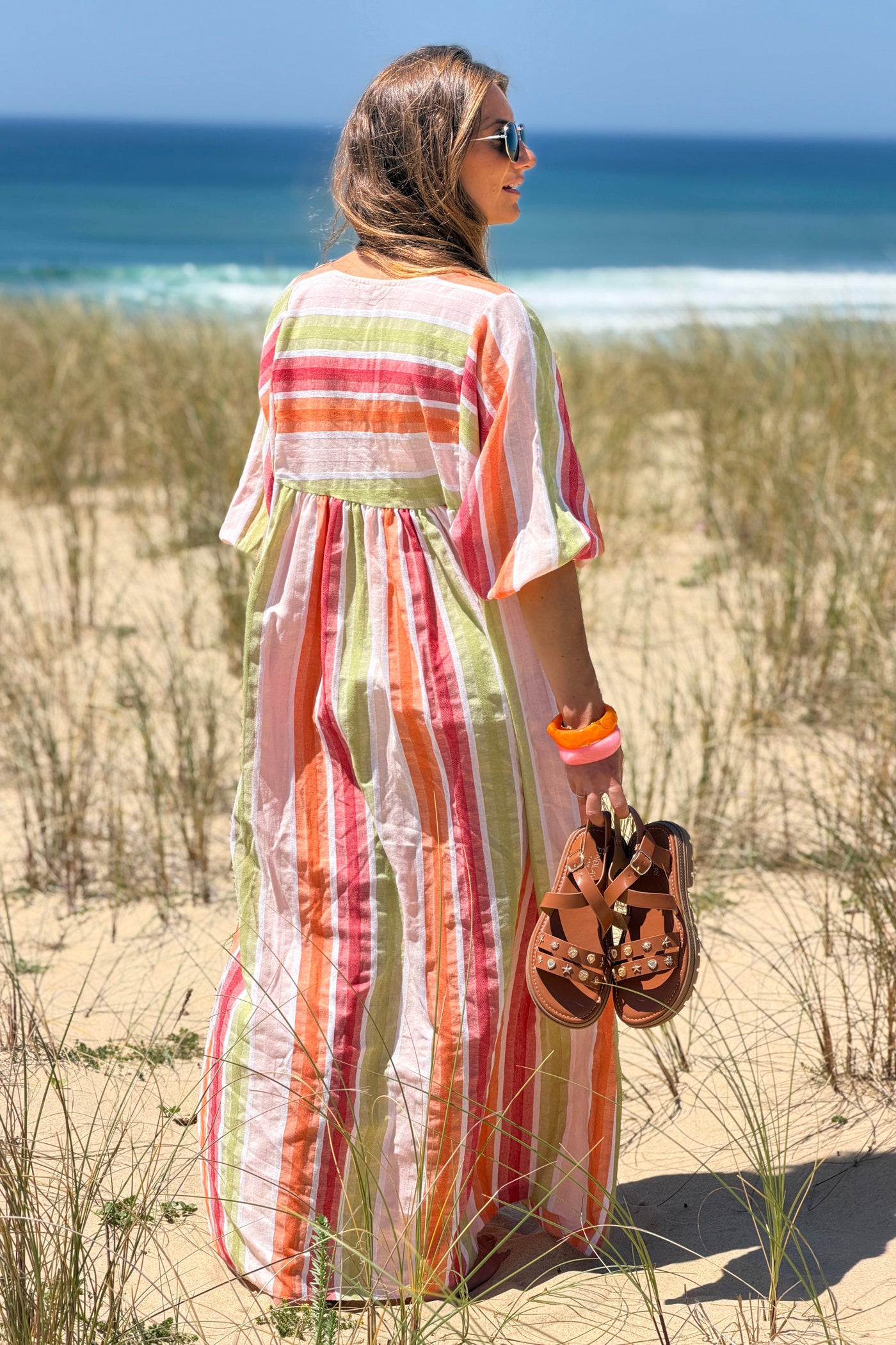 Robe longue et loose en coton rayures pastel orange vert et framboise