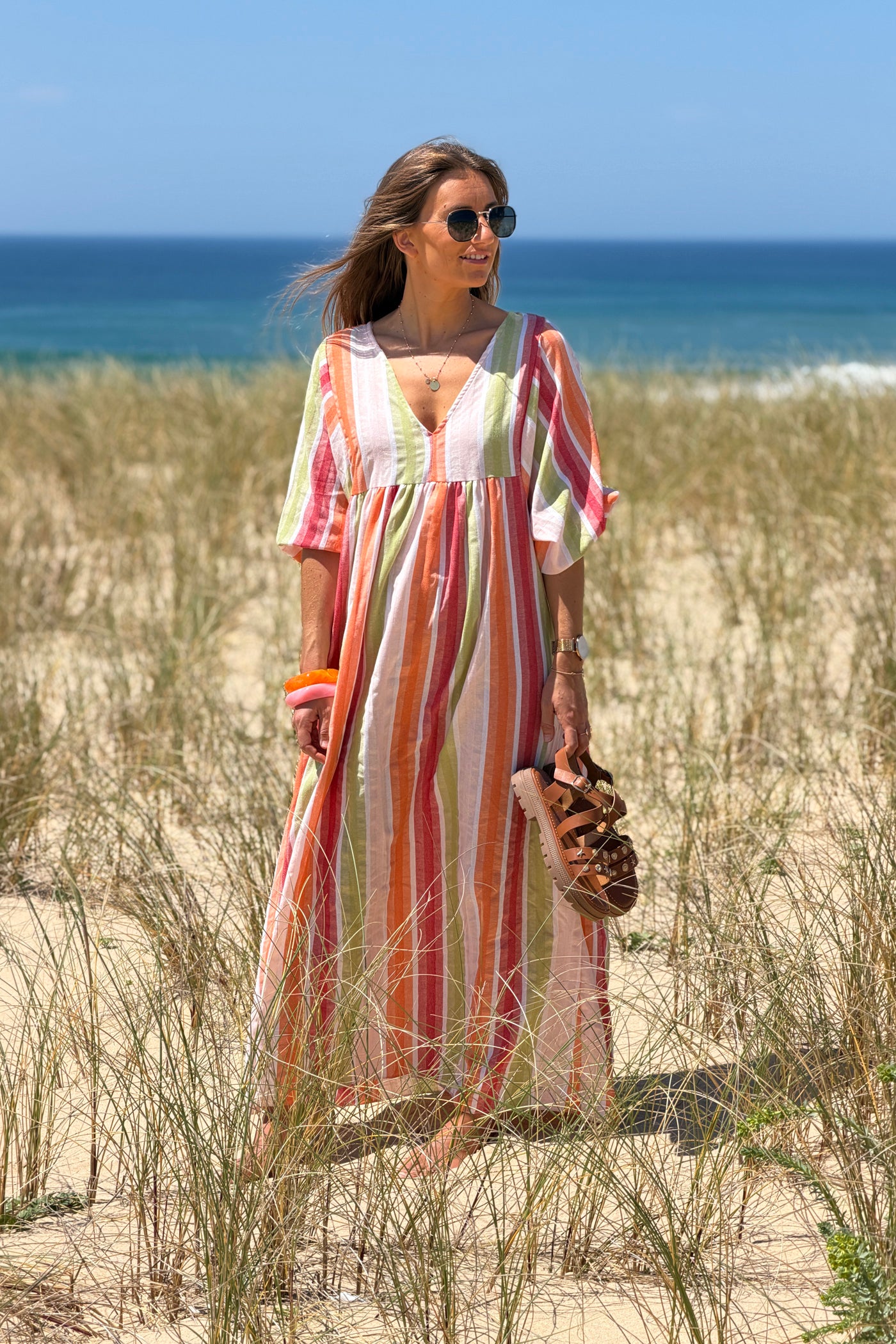 Robe longue et loose en coton rayures pastel orange vert et framboise