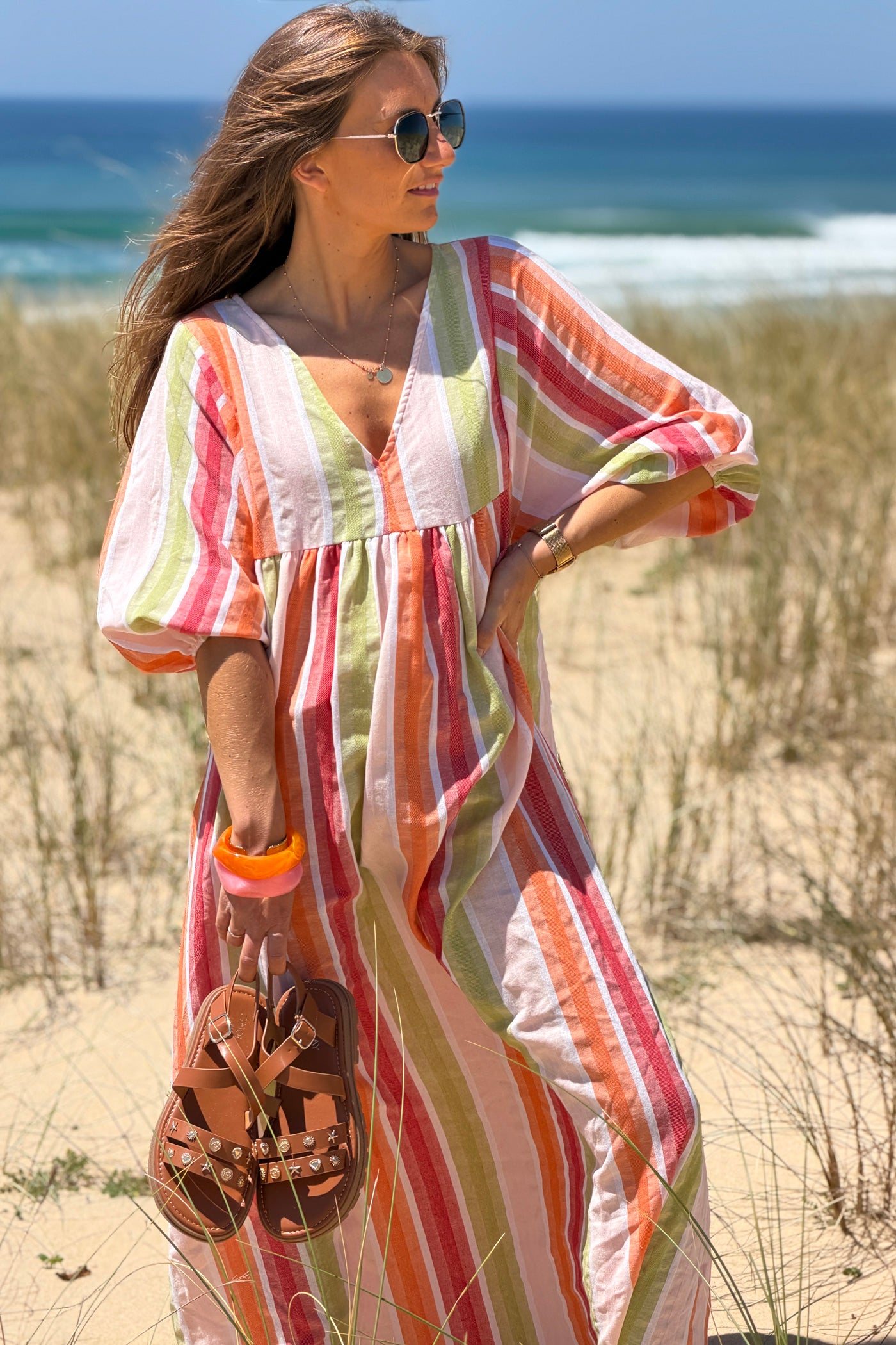 Robe longue et loose en coton rayures pastel orange vert et framboise