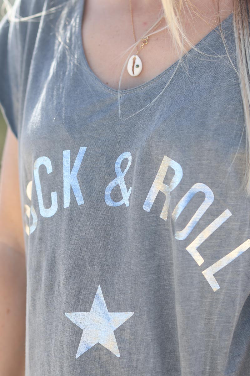 Grey long cotton dress with rock and roll