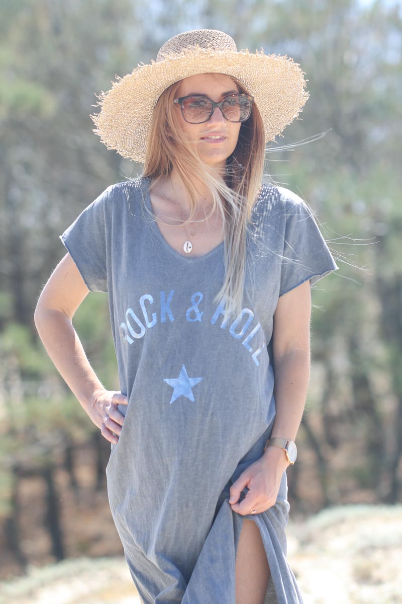Grey long cotton dress with rock and roll
