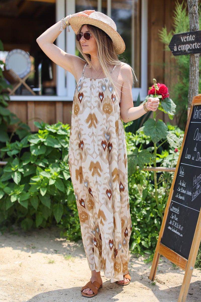 High neck strappy maxi dress in ikat beige print Horizons Lointains