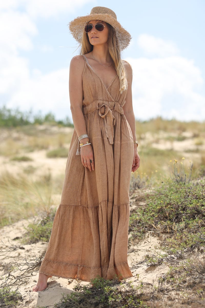 Washed camel strappy v neck maxi dress