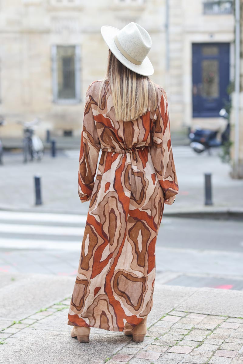 Robe longue fluide ceinture lien imprime peinture abstraite terracotta G164 (1)