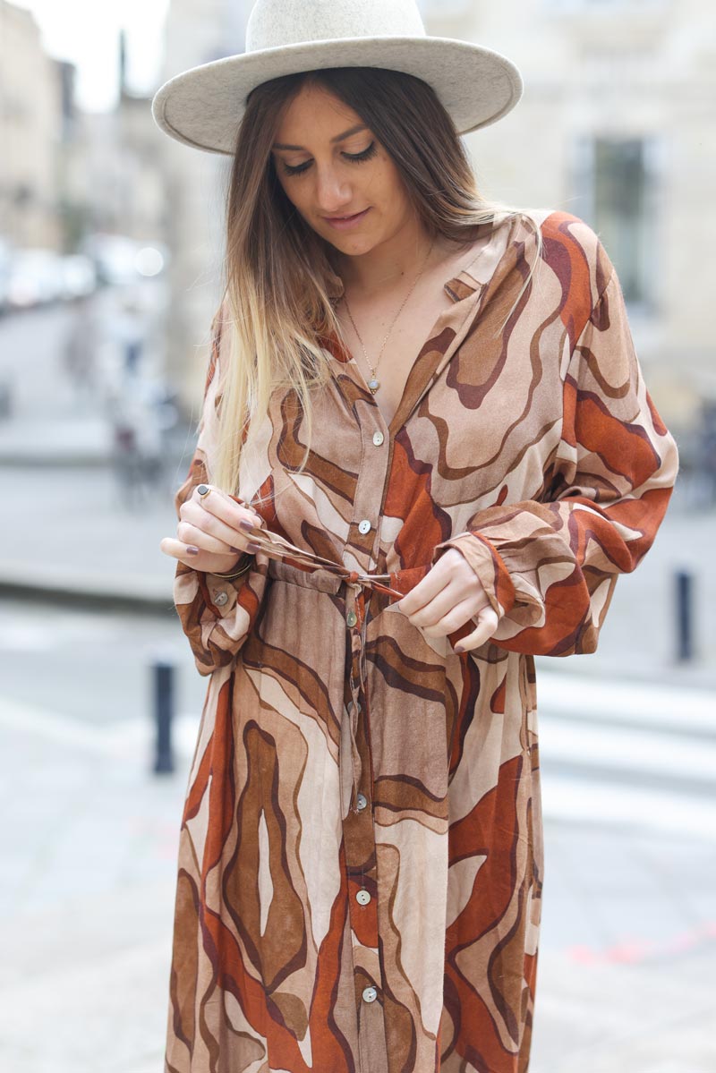 Robe longue fluide ceinture lien imprime peinture abstraite terracotta G164 (1)