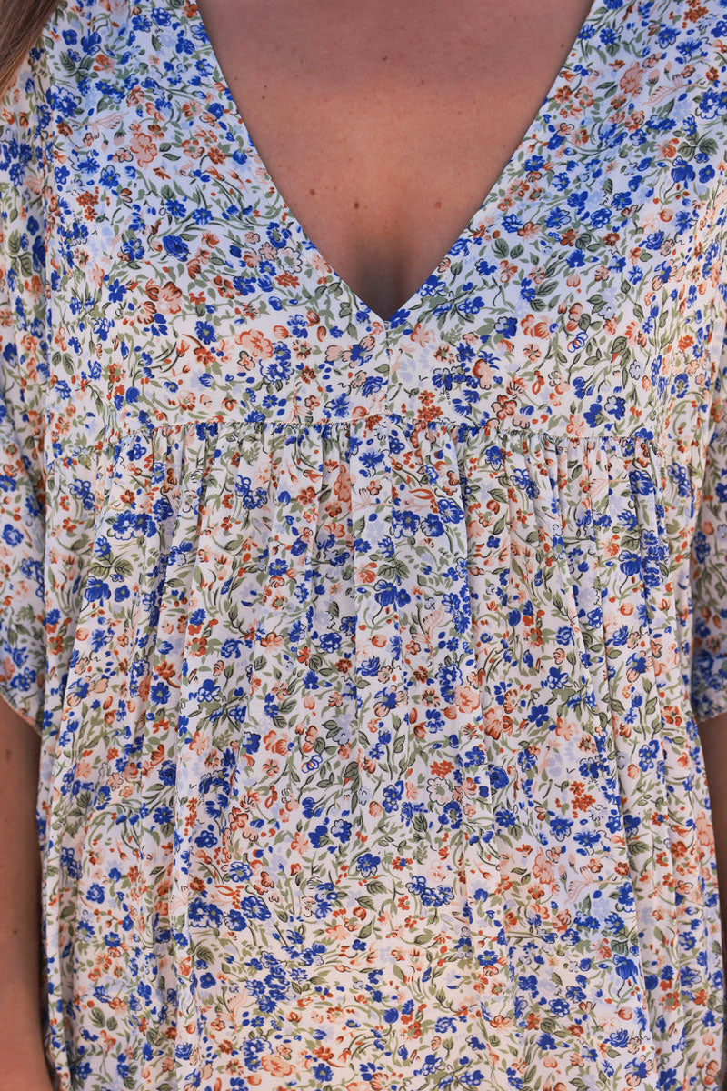 Robe longue fluide col V manches courtes imprimé liberty bleu roi