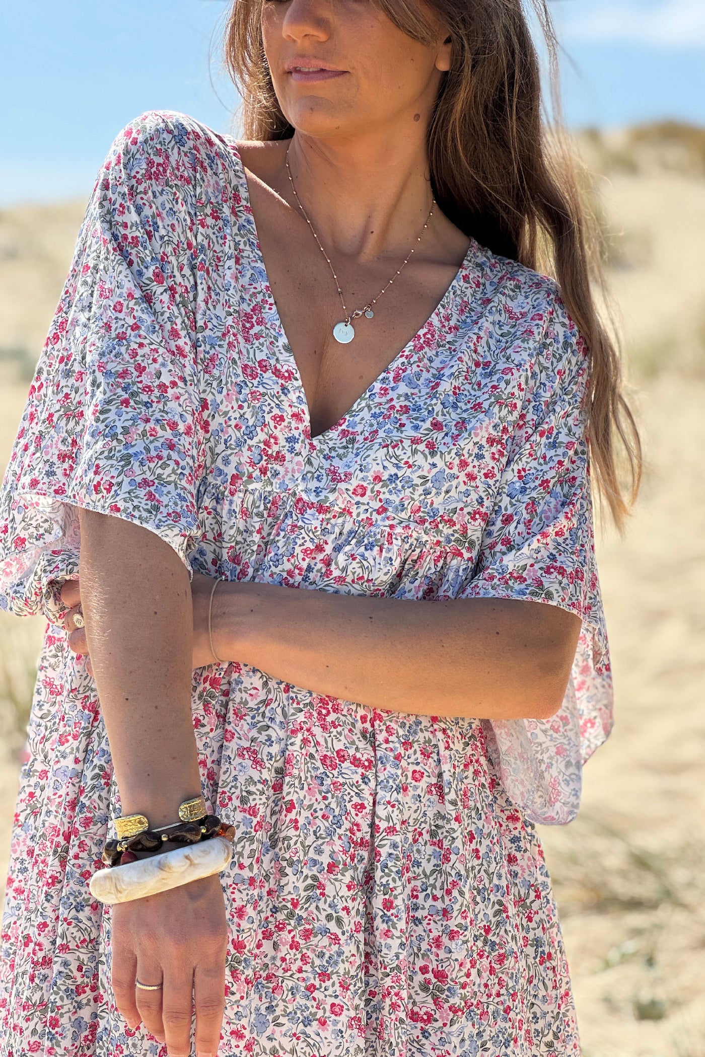 Robe longue fluide col V manches courtes imprimé liberty fuchsia