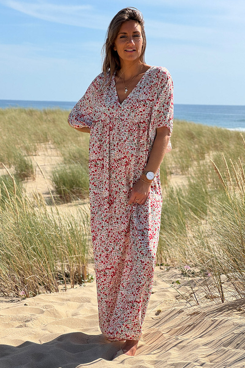 Robe longue fluide col V manches courtes imprimé liberty rouge