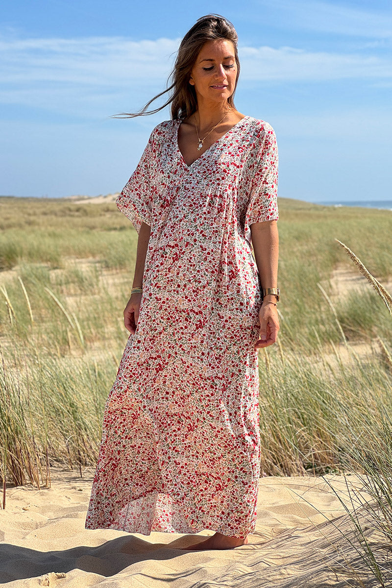 Robe longue fluide col V manches courtes imprimé liberty rouge