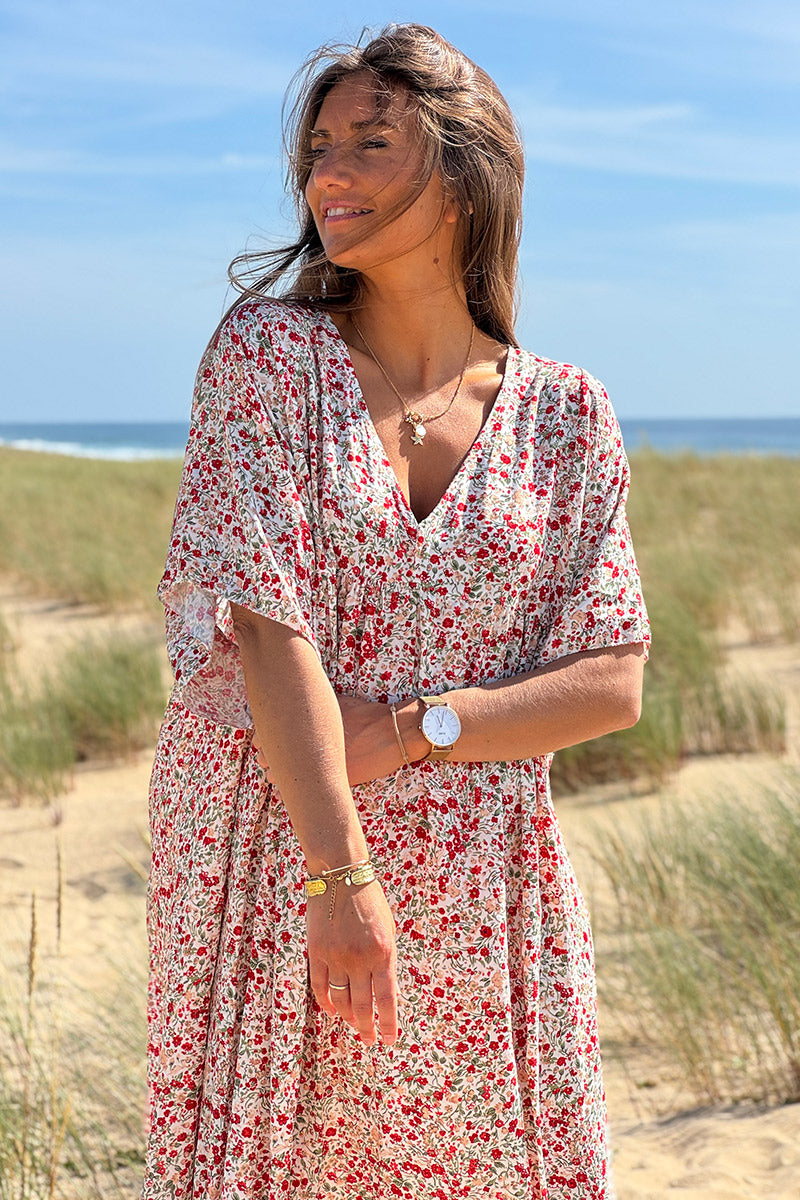 Robe longue fluide col V manches courtes imprimé liberty rouge