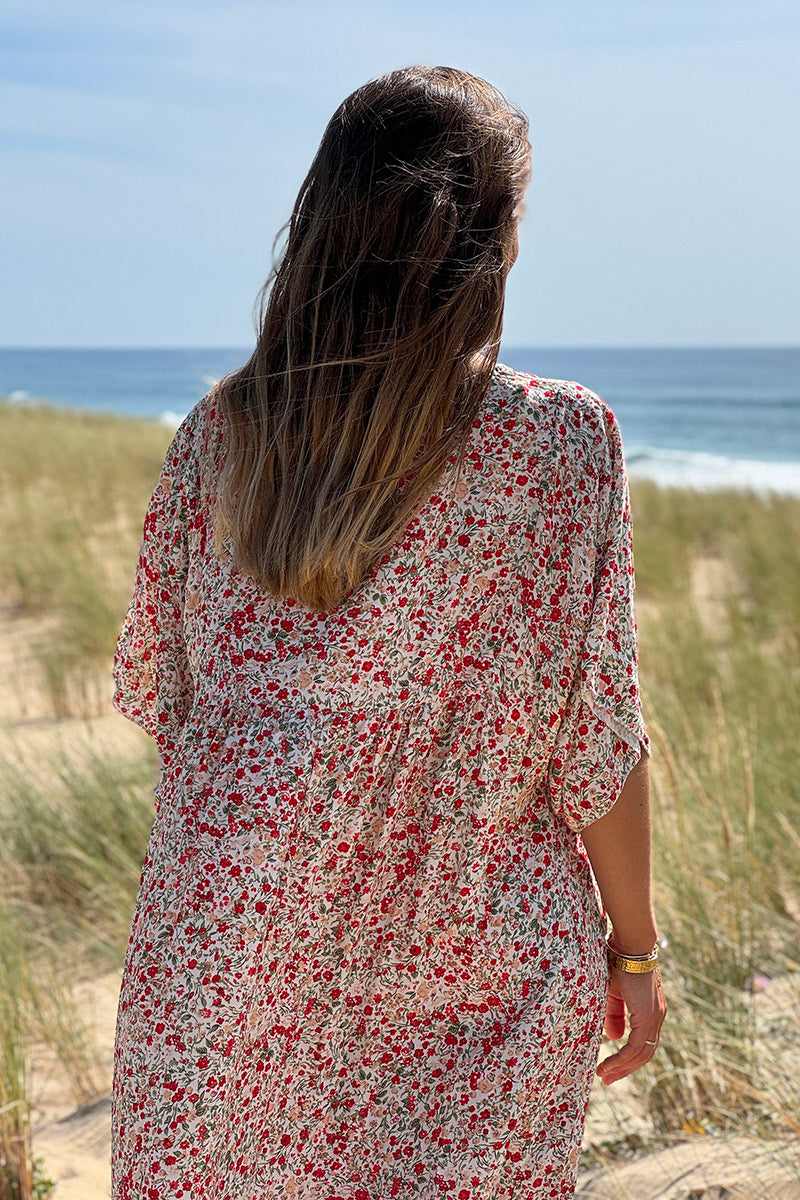 Robe longue fluide col V manches courtes imprimé liberty rouge