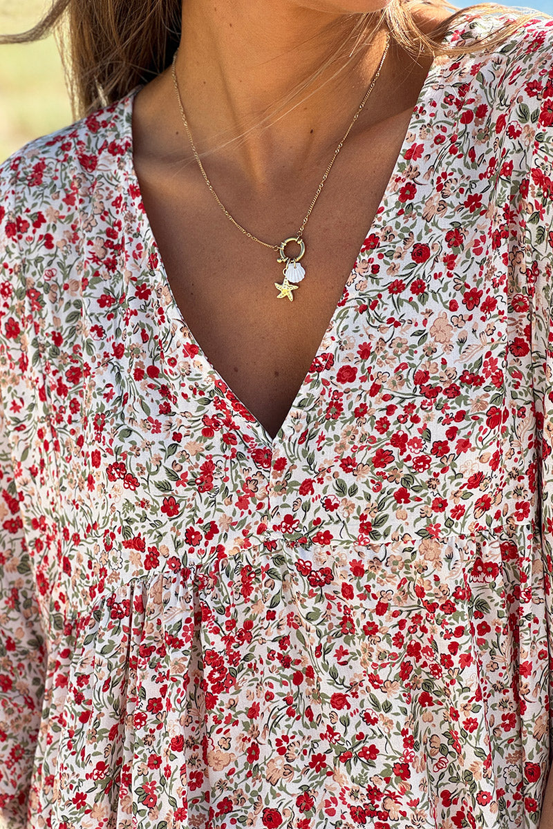 Robe longue fluide col V manches courtes imprimé liberty rouge