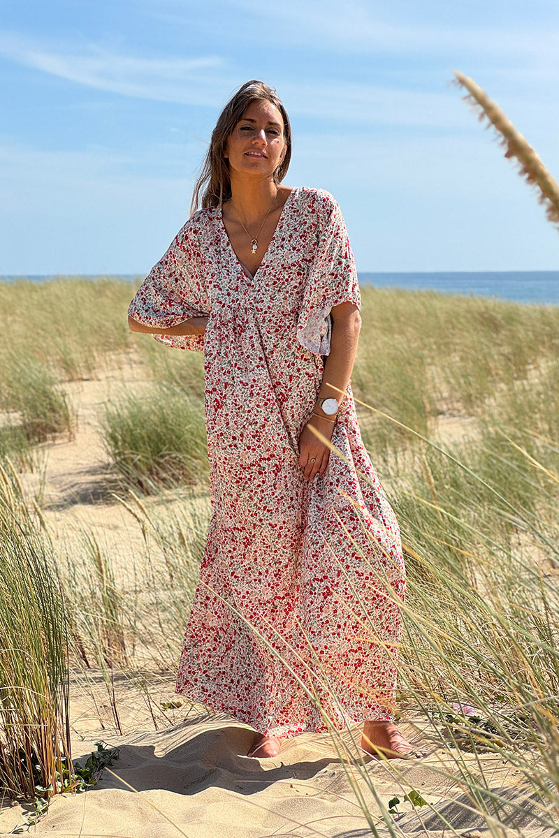 Robe longue fluide col V manches courtes imprimé liberty rouge