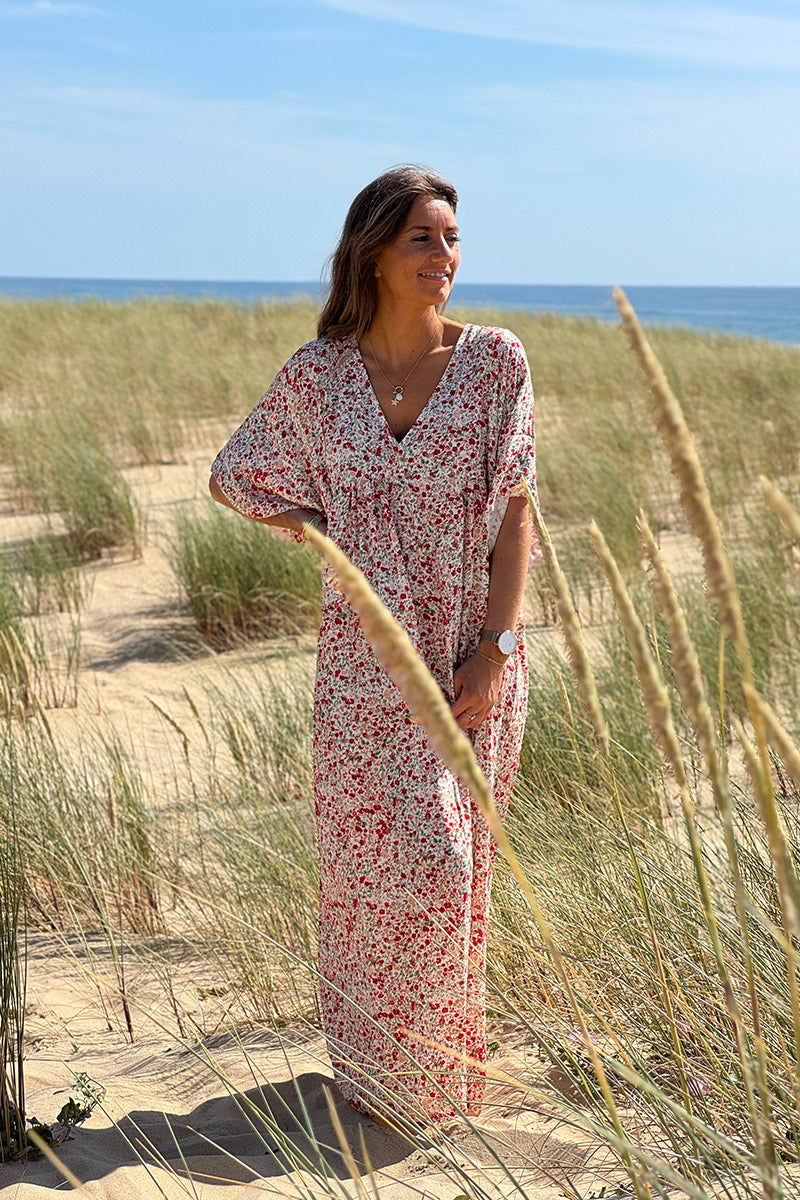 Robe longue fluide col V manches courtes imprimé liberty rouge