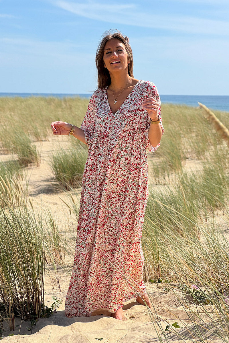 Robe longue fluide col V manches courtes imprimé liberty rouge