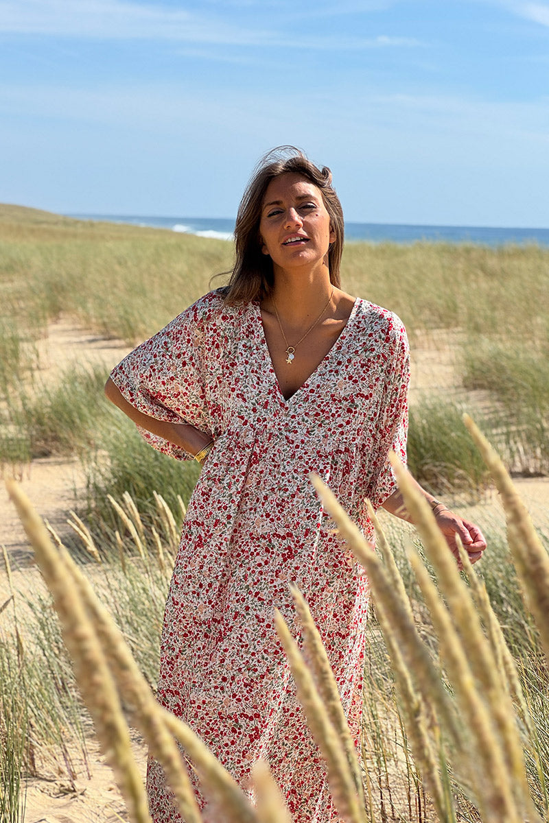 Robe longue fluide col V manches courtes imprimé liberty rouge