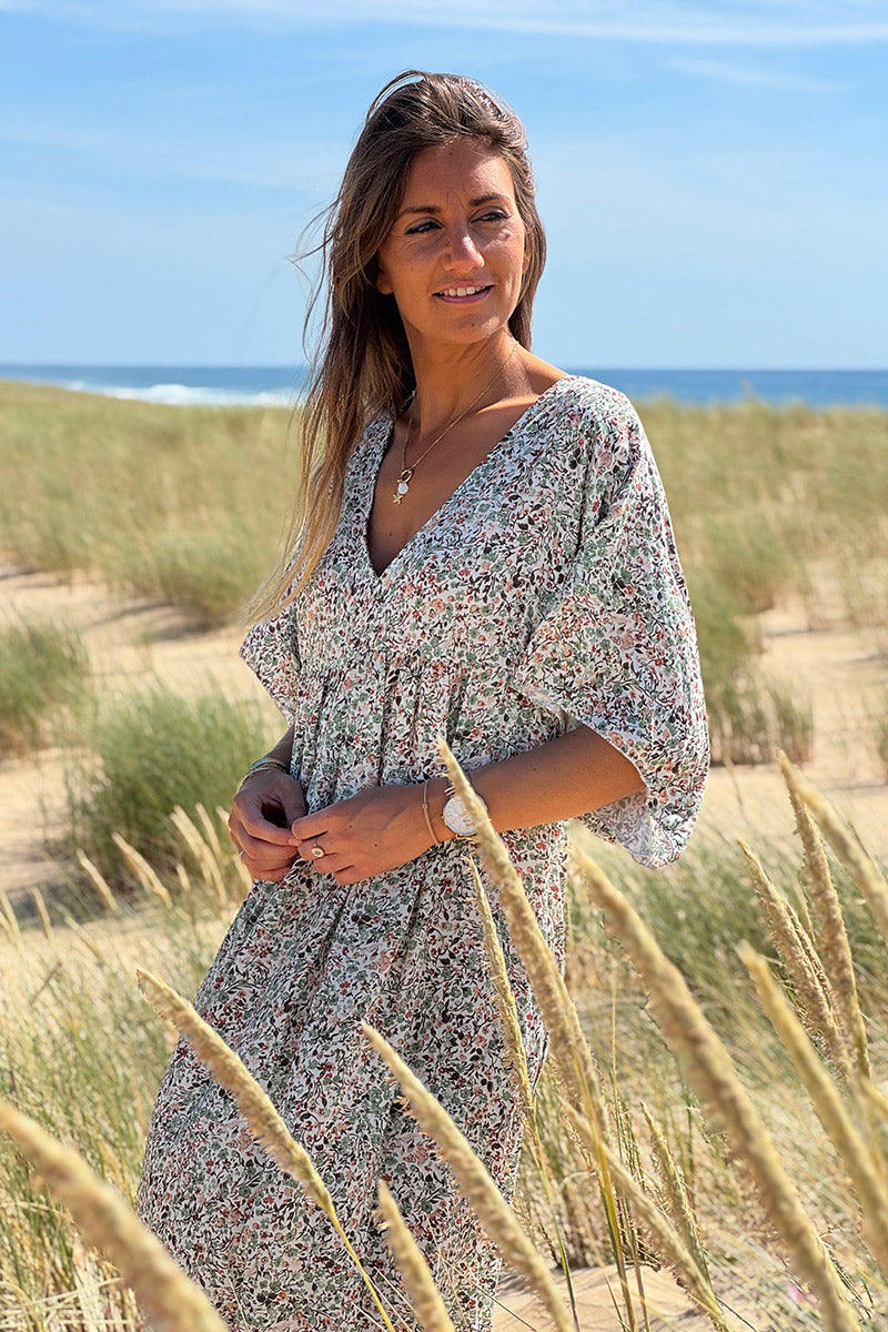 Sage Ditsy Floral V-Neck Butterfly Sleeve Maxi Dress