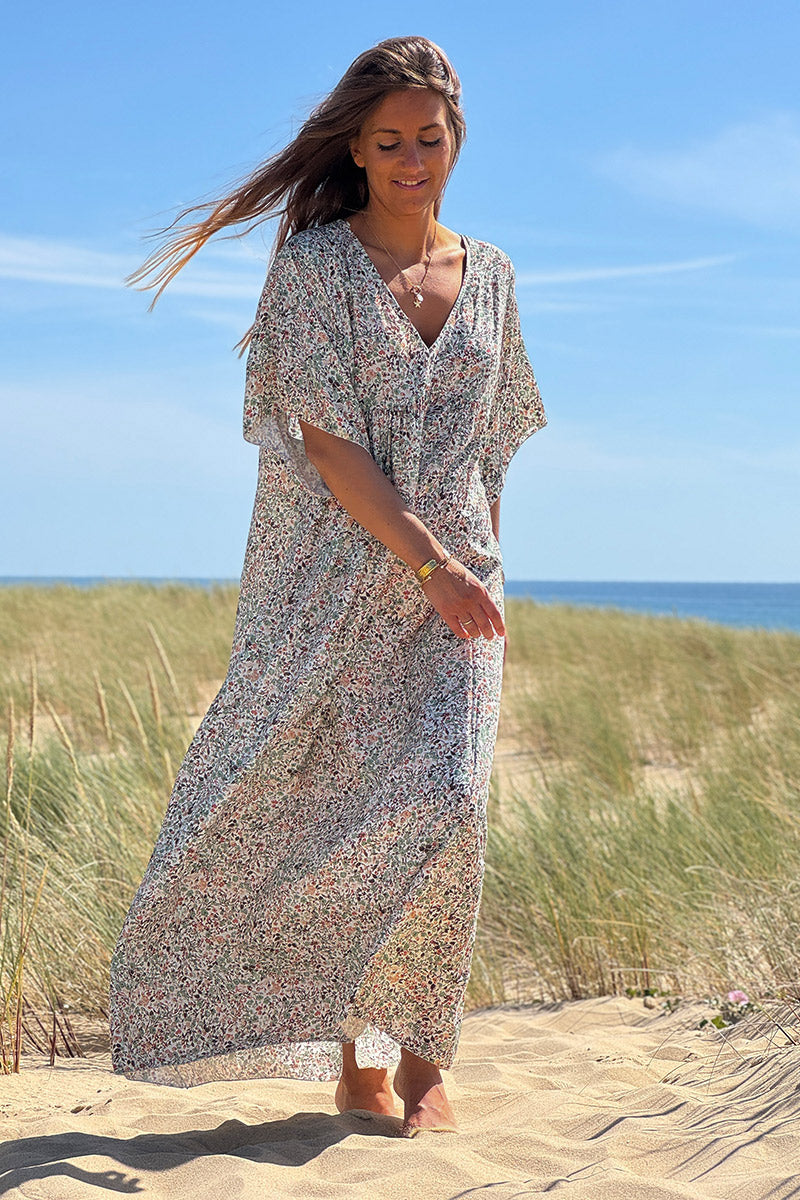 Sage Ditsy Floral V-Neck Butterfly Sleeve Maxi Dress