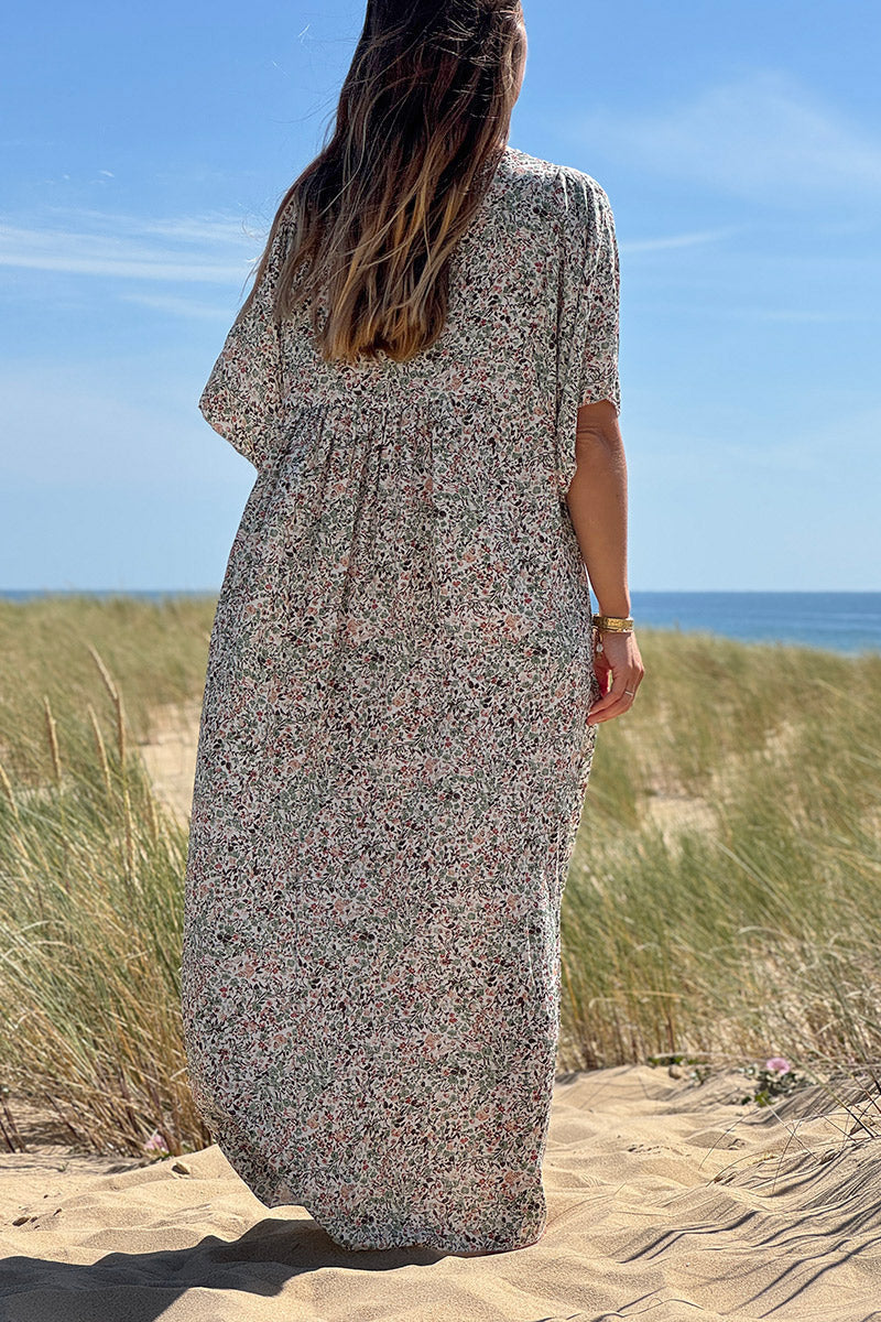 Sage Ditsy Floral V-Neck Butterfly Sleeve Maxi Dress