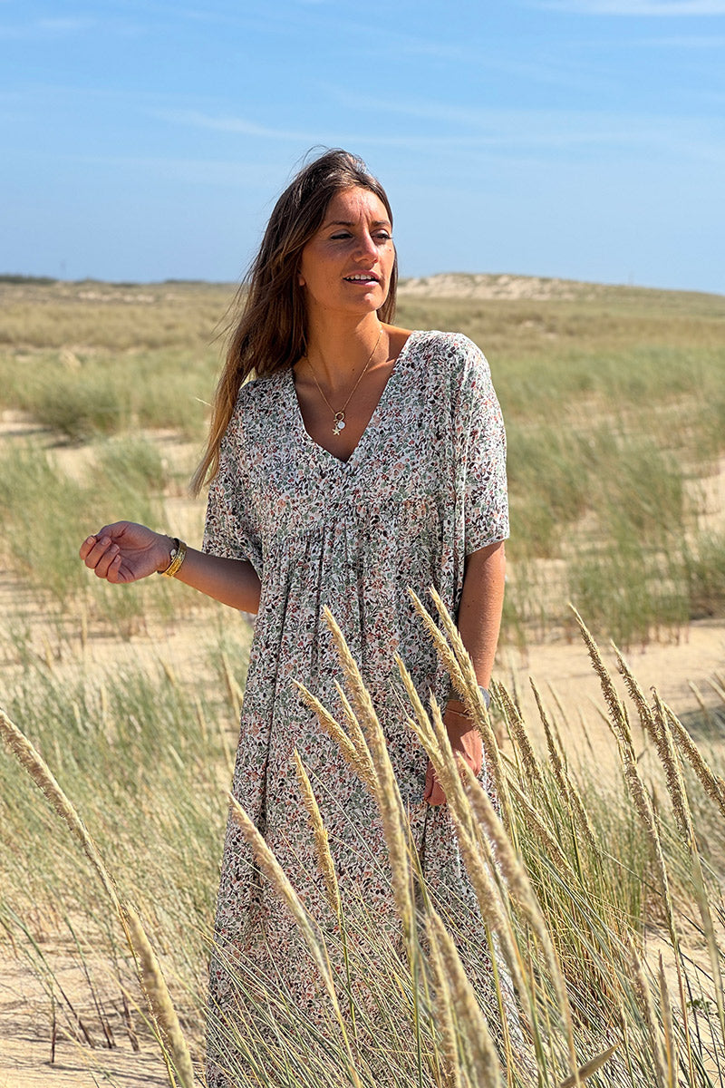 Sage Ditsy Floral V-Neck Butterfly Sleeve Maxi Dress