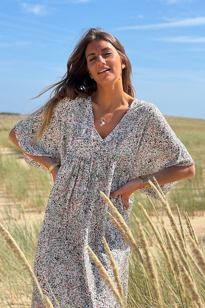 Robe longue fluide col V manches courtes imprimé liberty vert sauge