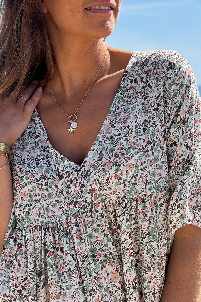 Sage Ditsy Floral V-Neck Butterfly Sleeve Maxi Dress