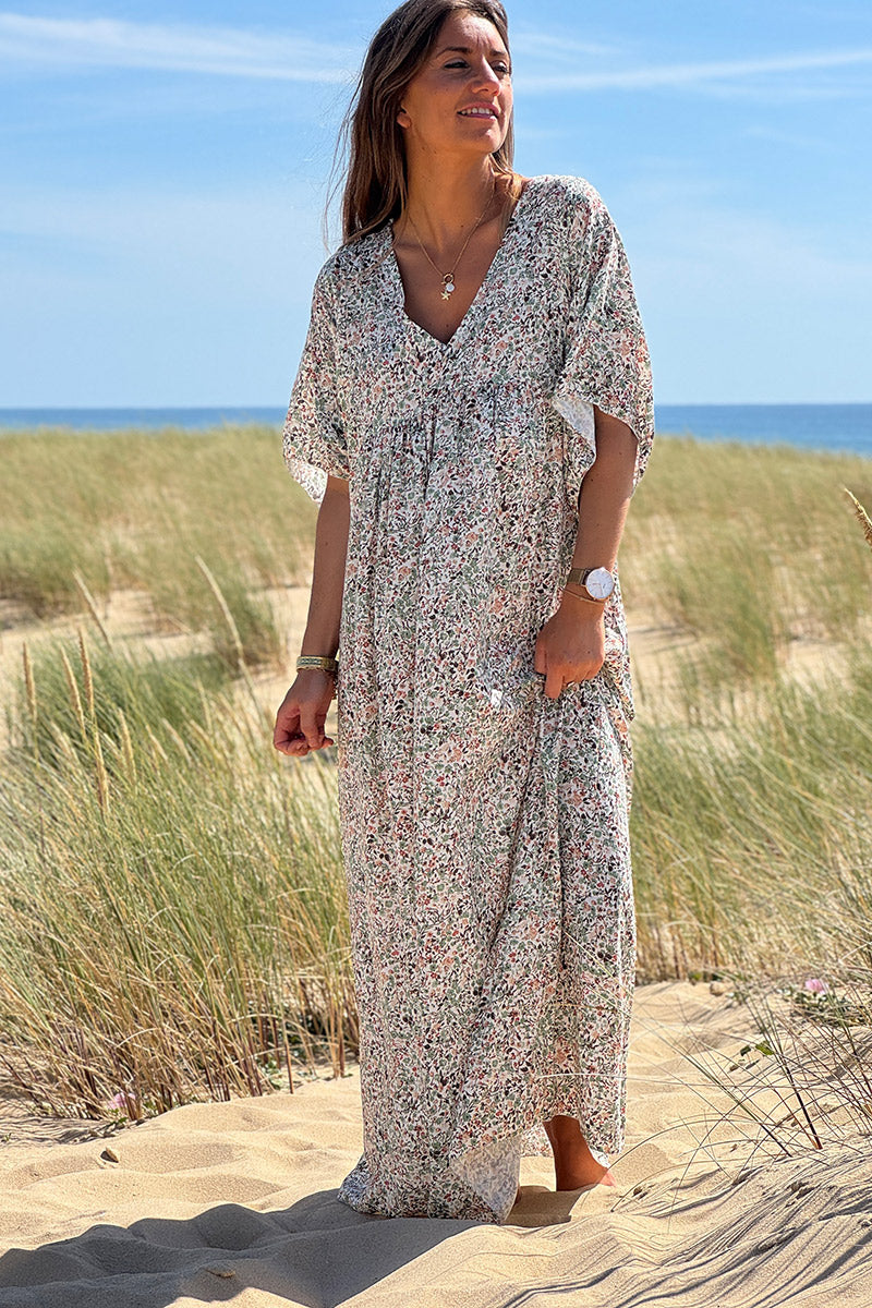 Sage Ditsy Floral V-Neck Butterfly Sleeve Maxi Dress