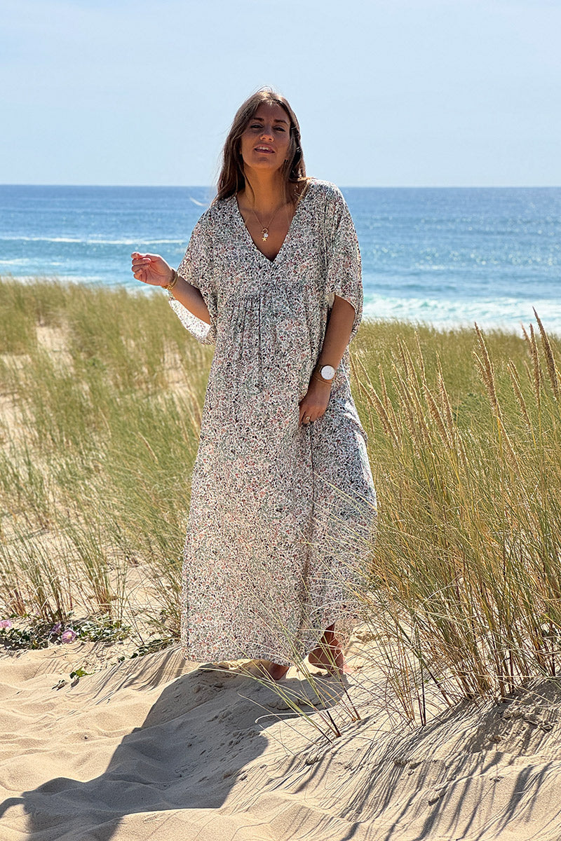 Sage Ditsy Floral V-Neck Butterfly Sleeve Maxi Dress