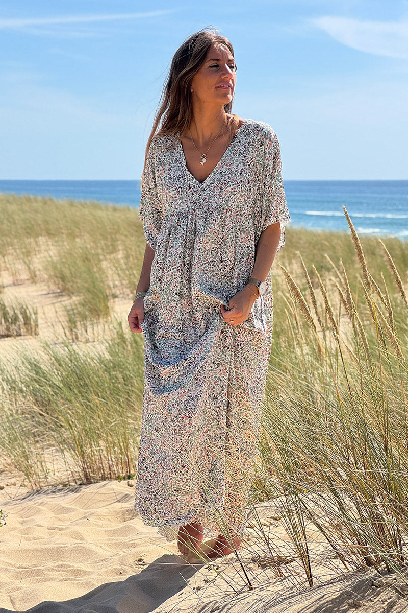 Sage Ditsy Floral V-Neck Butterfly Sleeve Maxi Dress